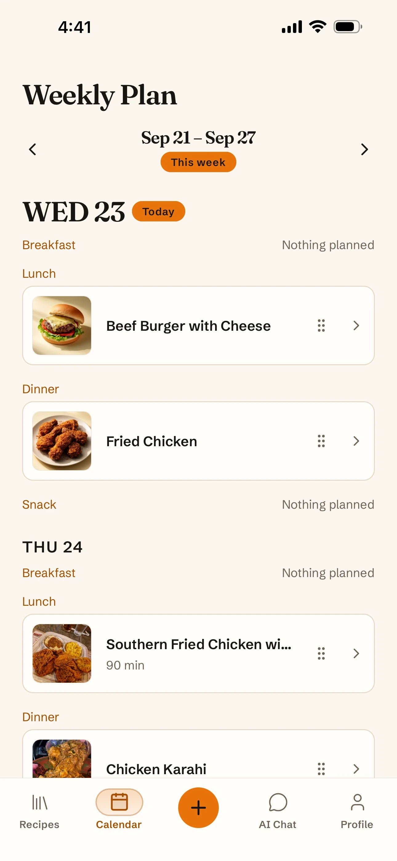 Weekly meal calendar